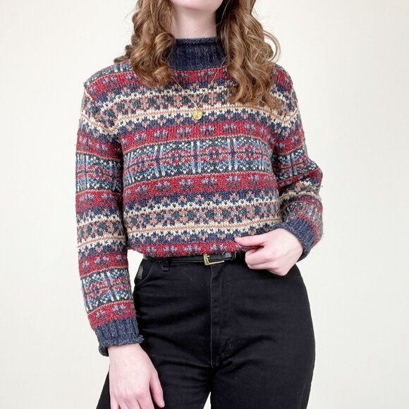 Vintage Fair Isle Wool Knit Blend Sweater Rolled Hem Scandinavian Nordic Grandpa - Picture 6 of 6